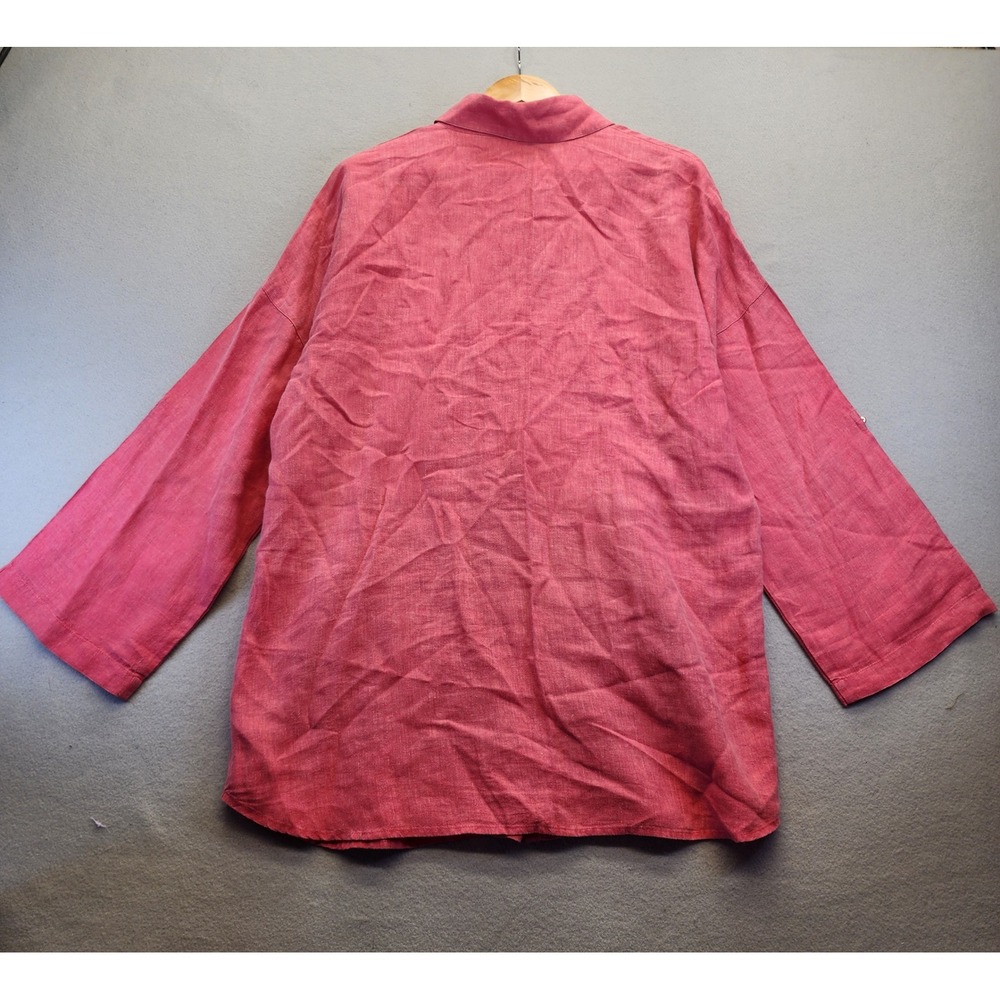Chicos Linen Button Down Shirt Size 2 Large Pink Red Roll Tab Sleeve Tunic Linen - Picture 9 of 13